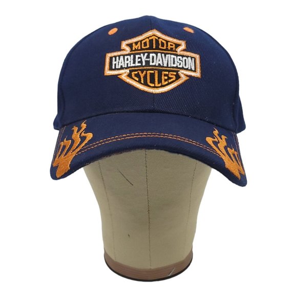Harley Davidson Strapback Cap Biker Trucker Baseball Hat Blue Orange Flames - Picture 7 of 12